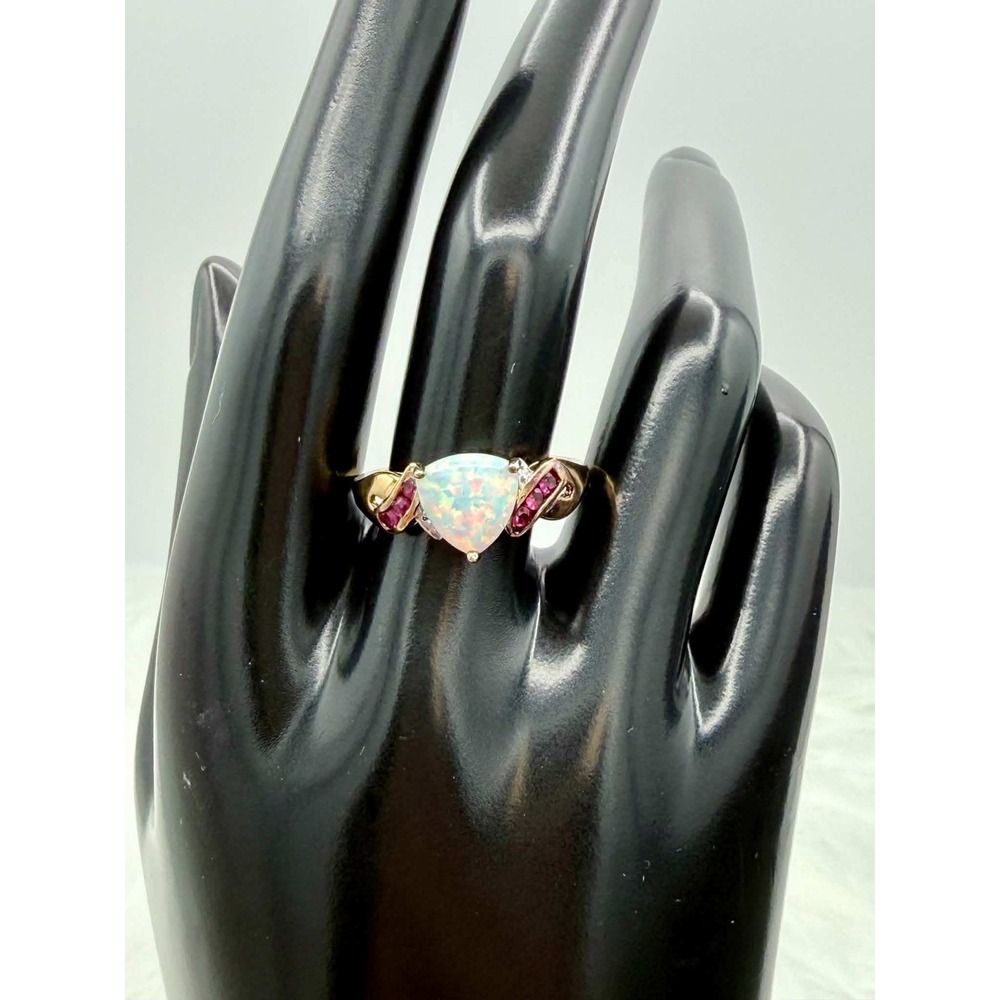 Vintage Gold Plated 925 Sterling Silver Trillion Opal & Ruby Accent Ring Size 10